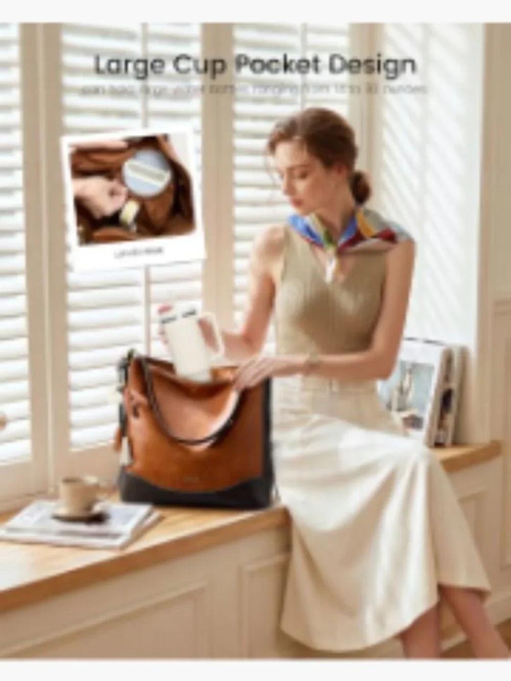 Women's Soft Faux Leather Hobo Bag Crossbody with Cup Holder and Initial Charm